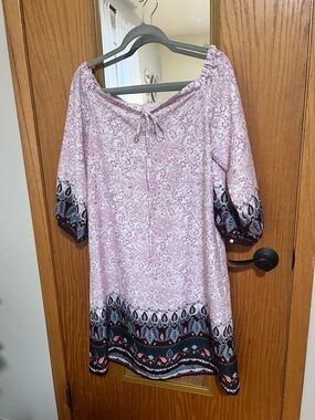 LOFT Pink Paisley Tie-Neck Top Off the Shoulder Midi Dress.